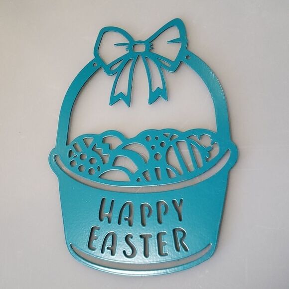 Brand New "HAPPY EASTER" Powdered Coated Steel  Easter Basket Wall Decor - Teal - Picture 3 of 4